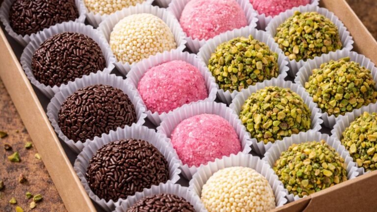 Caixa com sabores de brigadeiro mais vendidos: Tradicional, Ninho com Nutella, Morango e Churros, pronta para venda.