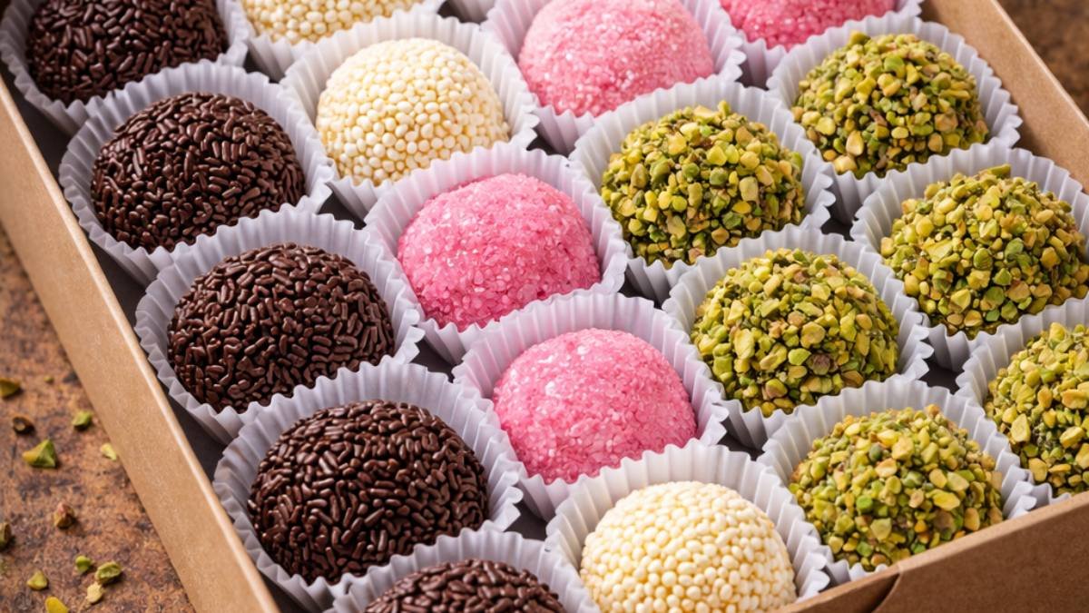 Caixa com sabores de brigadeiro mais vendidos: Tradicional, Ninho com Nutella, Morango e Churros, pronta para venda.