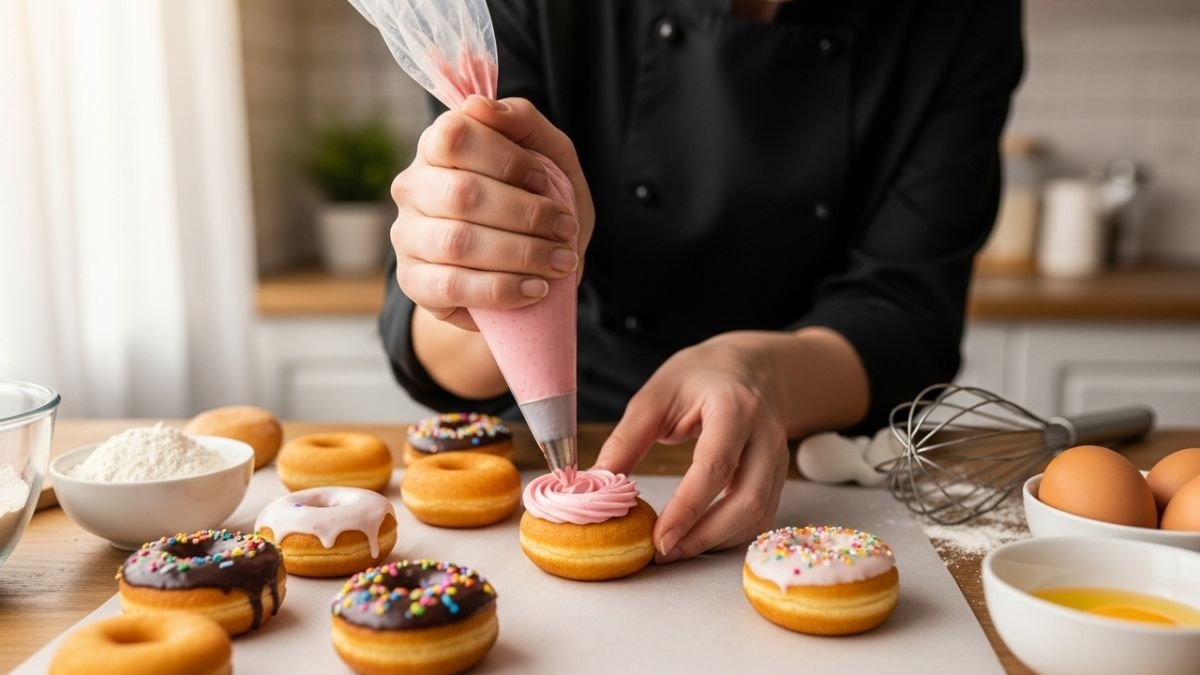 Guia completo de donuts para vender, com uma confeiteira preparando a massa e decorando donuts artesanais em casa