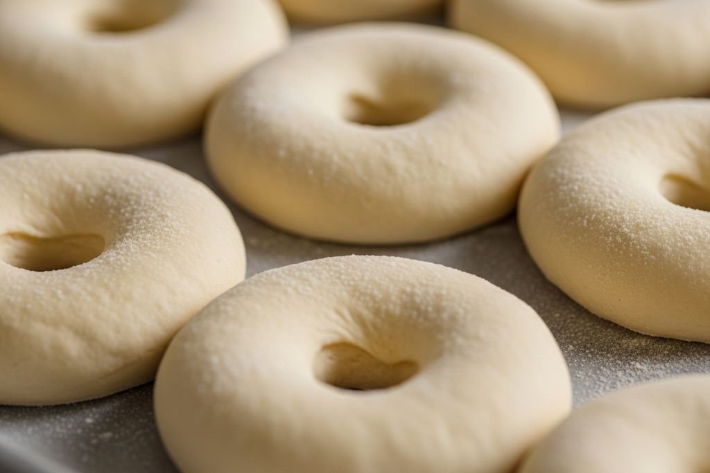 A receita de massa de donuts profissional para vender, mostrando a massa crua cortada e pronta para crescer.