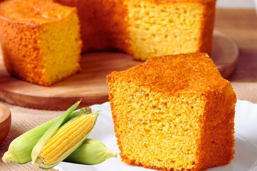 A textura fofinha e úmida de um bolo de milho de liquidificador, resultado de uma receita profissional para vender