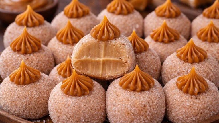 Brigadeiro de churros gourmet com massa caramelada, passado no açúcar com canela e decorado com doce de leite firme.