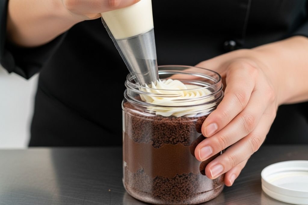 Passo a passo de como montar bolo de pote, com confeiteira usando um saco de confeitar para criar uma camada de recheio perfeita.
