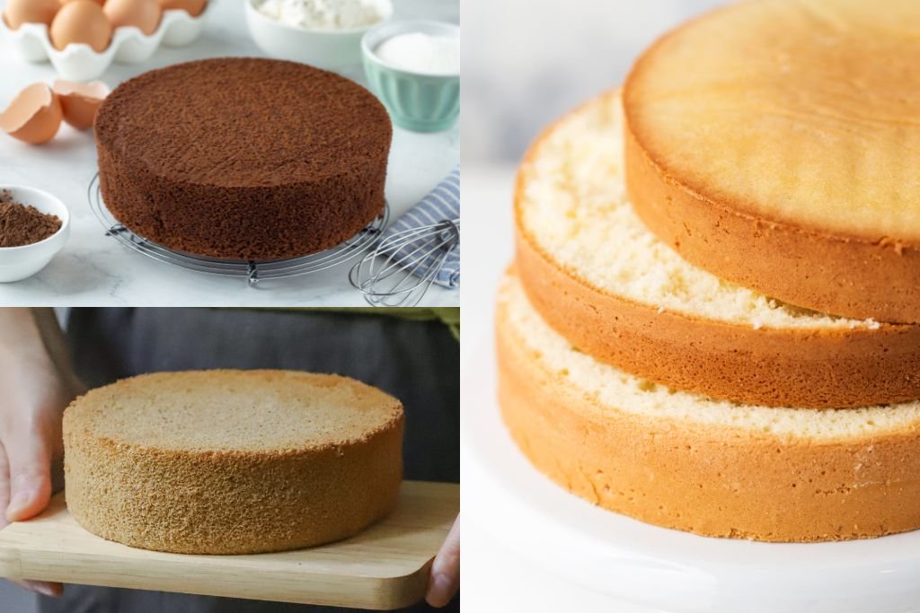 Três tipos de massa para bolo no pote, mostrando a diferença de textura entre a Pão de Ló, a Amanteigada e a de Chocolate.
