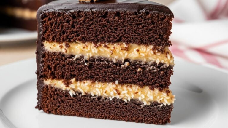 Fatia de bolo de chocolate com recheio de beijinho trufado cremoso e docinho de coco na decoração.