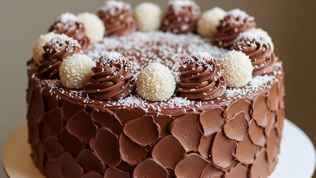 Bolo de aniversário sabor prestígio decorado profissionalmente com ganache e coco, resultado de quem usa receitas de sucesso.
