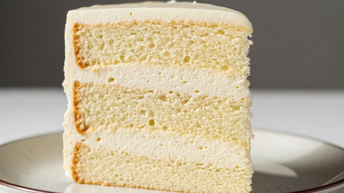 Fatia de bolo de aniversário alta com recheio de leite ninho trufado estruturado, mostrando consistência firme que não vaza.