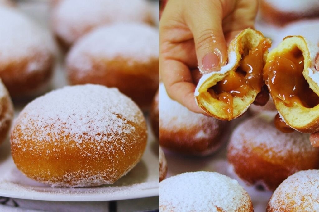 Receita de donuts recheado com doce de leite, mostrando o resultado final dos doces fritos e polvilhados com açúcar