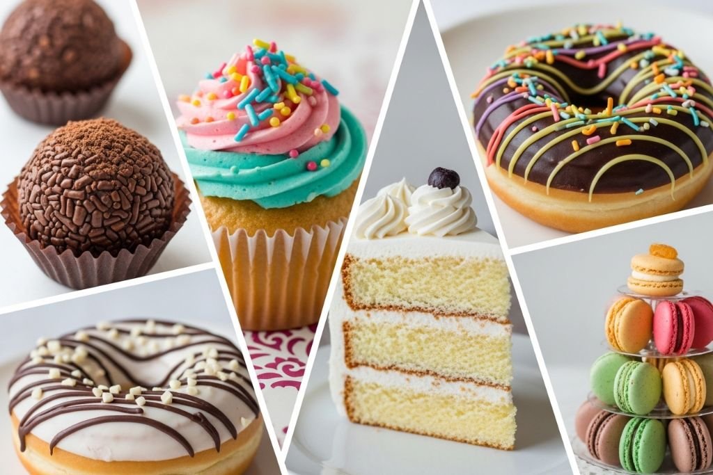 Cardápio com 32 ideias de doces para vender, incluindo brigadeiro, bolo no pote, donuts e cones trufados.