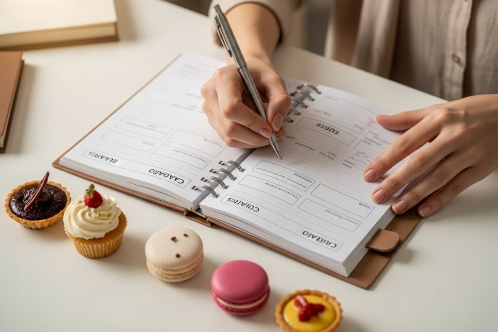 Plano de ação para começar a vender doces, com uma confeiteira organizando o cardápio, a precificação e a embalagem.