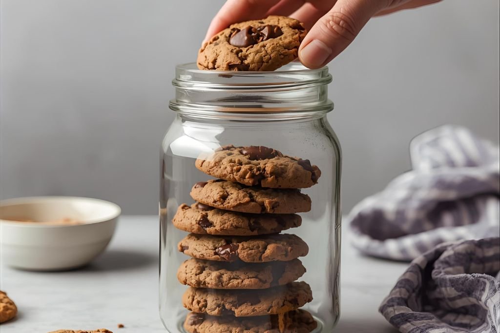Mão guardando cookies artesanais em um pote de vidro com tampa de vedação para garantir a validade e a textura.