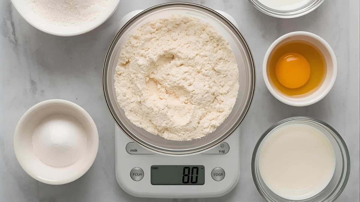Ingredientes de bolo caseiro sendo pesados em uma balança de cozinha para calcular o custo exato da receita.