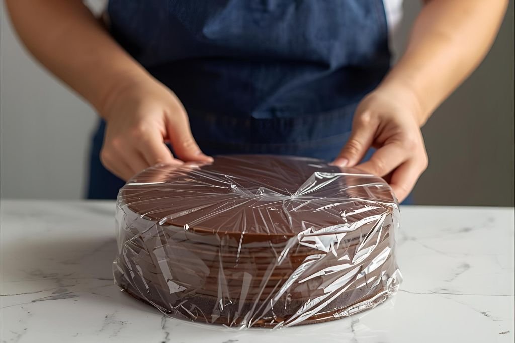 Confeiteira preparando um bolo de chocolate para congelamento, protegendo-o com plástico filme.