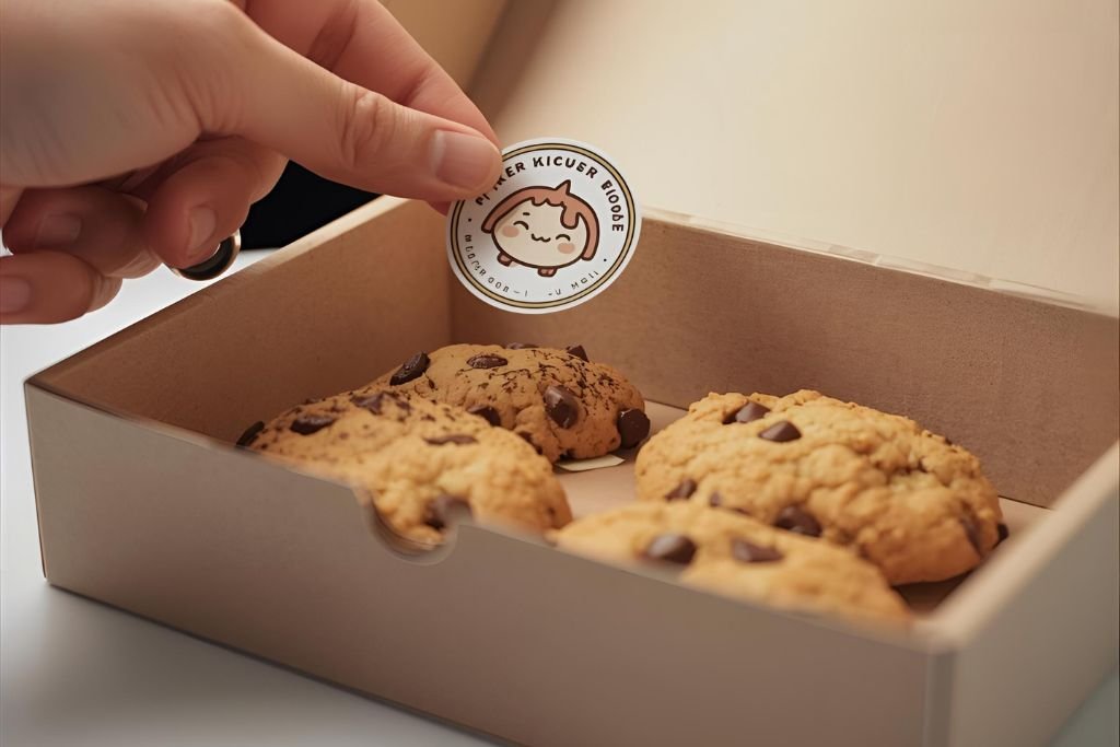 Finalizando uma embalagem para cookie artesanal com um adesivo personalizado da marca