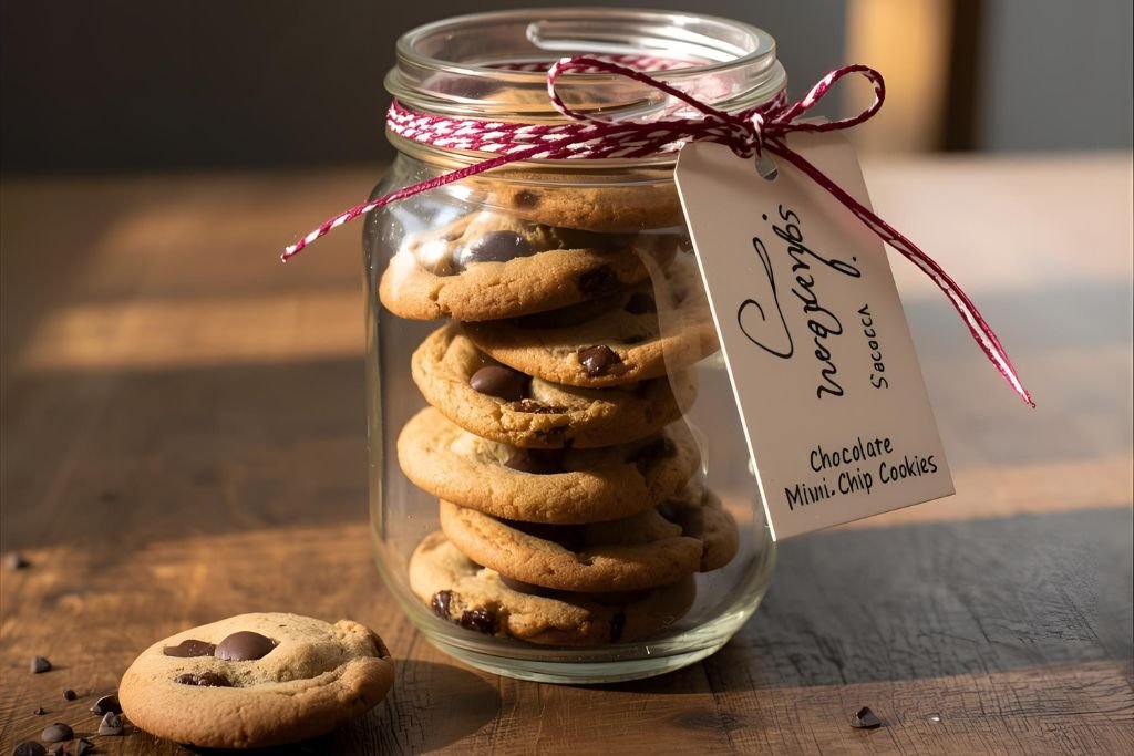 Pote de vidro charmoso cheio de mini cookies com gotas de chocolate, decorado com uma fita e uma tag para presente.