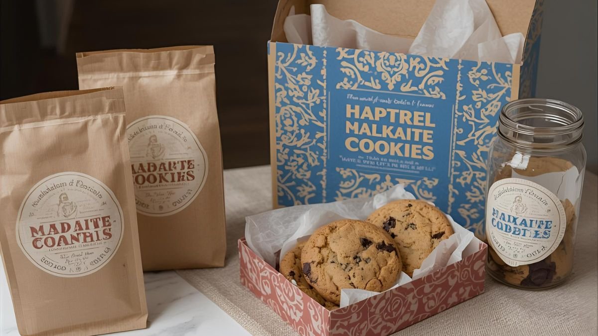 Idéias de embalagem para cookies para vender, mostrando uma identidade de marca consistente em diferentes formatos.