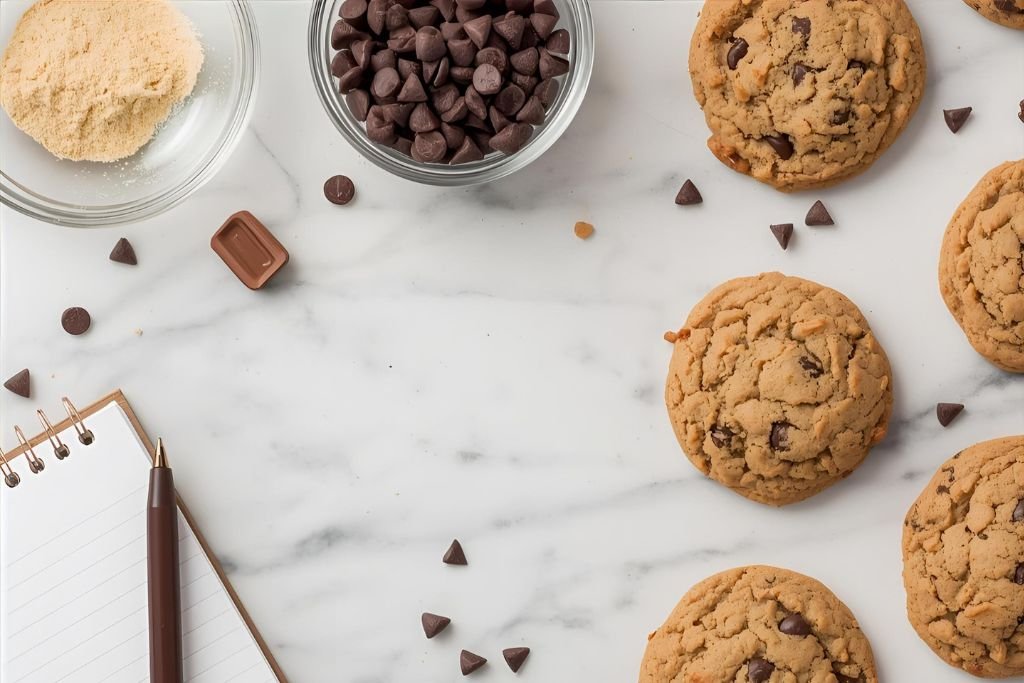 Mesa de trabalho de uma confeiteira com cookies artesanais ao lado de um caderno e caneta, simbolizando a criação de frases para vender.