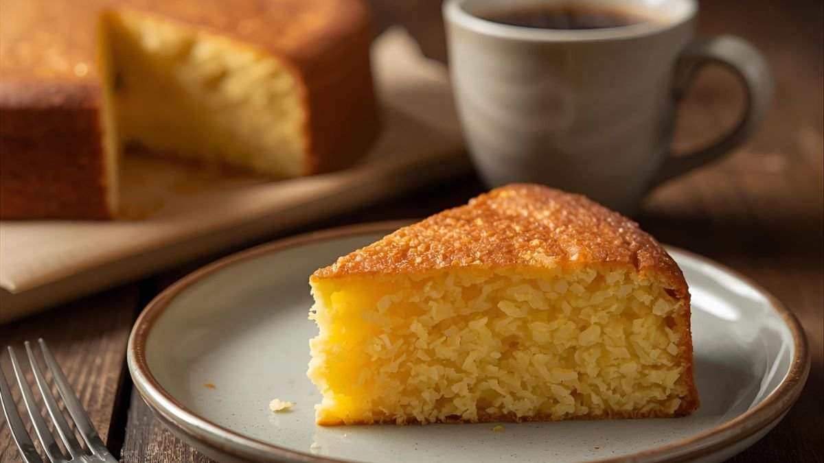 Cena de café da tarde com uma fatia de bolo de fubá, inspirando frases sobre infância e casa de vó
