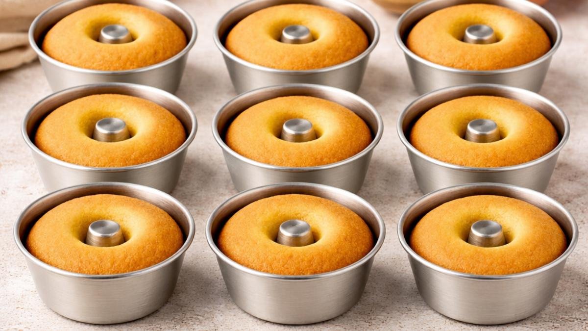 Linha de produção de mini bolos caseiros, despejando a massa base em formas de alumínio de 11cm.