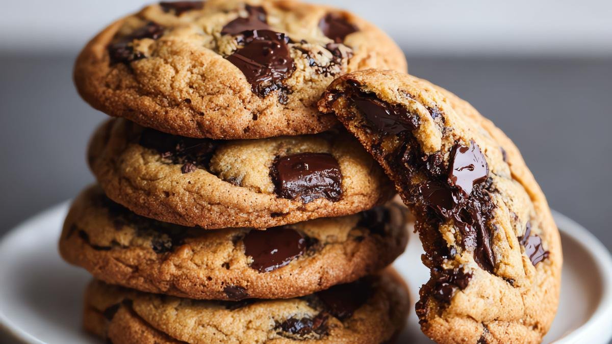 Cookie americano alto e macio com blend de chocolates nobres derretendo, mostrando a textura chewy interna.