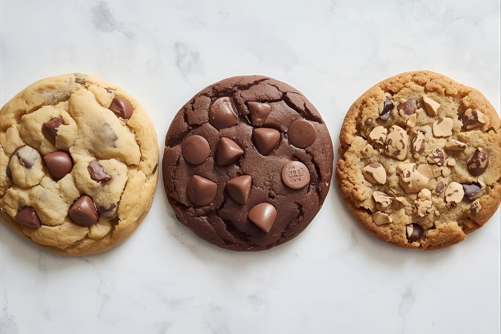 Variações da receita de cookie americano, mostrando como a massa base pode ser adaptada para diferentes sabores