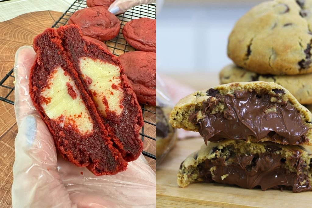 Colagem com três sabores de cookies diferentes: Red Velvet, nutella