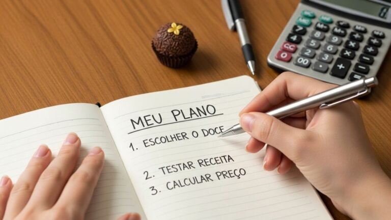 O plano de ação de 5 passos de como começar a vender doces, mostrando uma confeiteira planejando seu negócio.