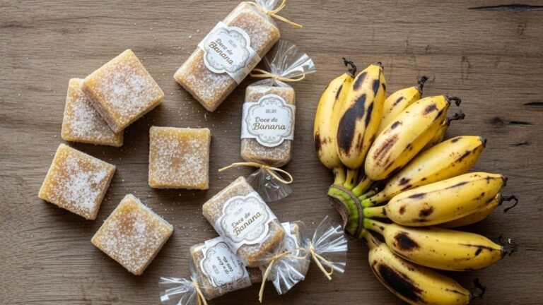 Guia completo de como fazer doce de banana para vender, mostrando o doce de corte pronto e embalado