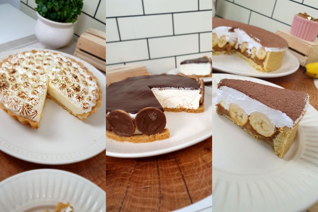 Conteúdo do Curso Tortas de Vitrine, com exemplos das tortas de limão, holandesa e morango ensinadas nas aulas.