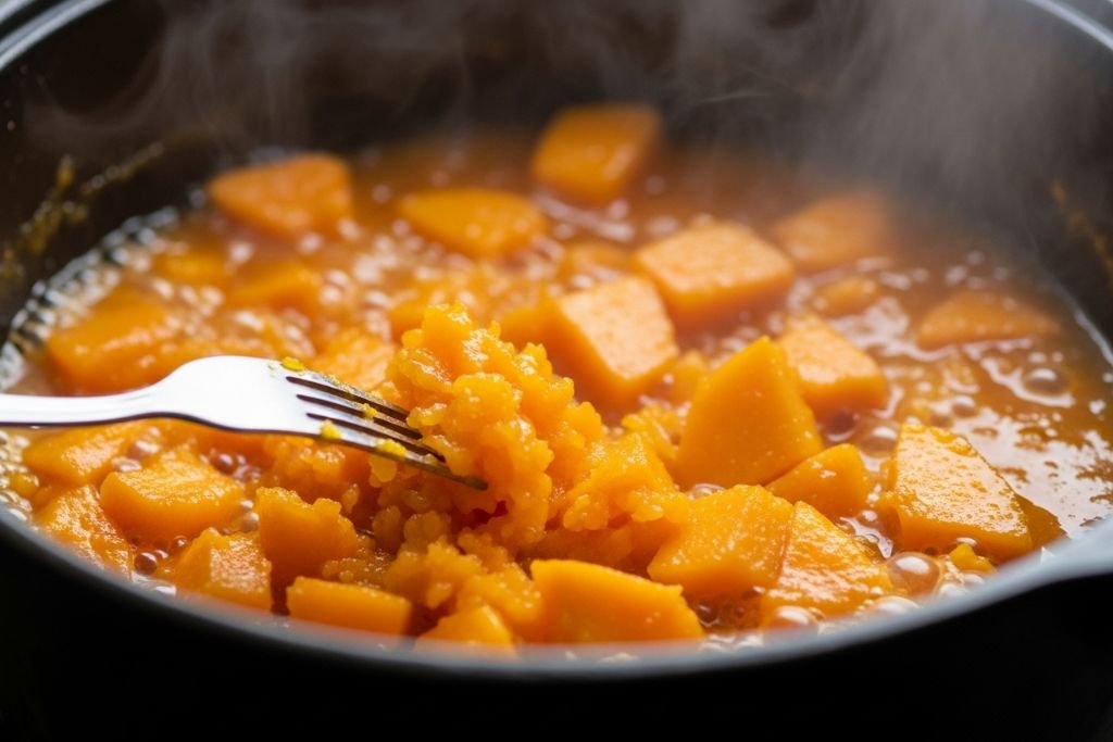 O passo a passo da receita de doce de abóbora, amassando parte da fruta para criar a cremosidade