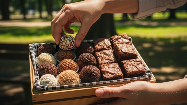 Guia completo de doces para vender na rua, com uma confeiteira arrumando brigadeiros e brownies em uma caixa