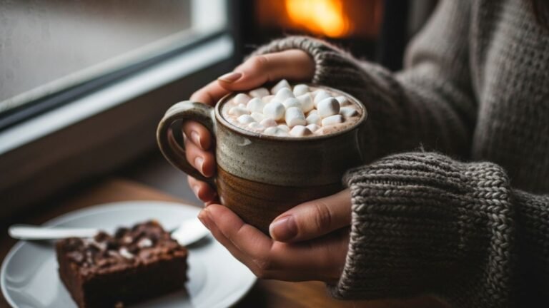 Guia completo de doces para vender no frio, com uma imagem aconchegante de chocolate quente e brownie.