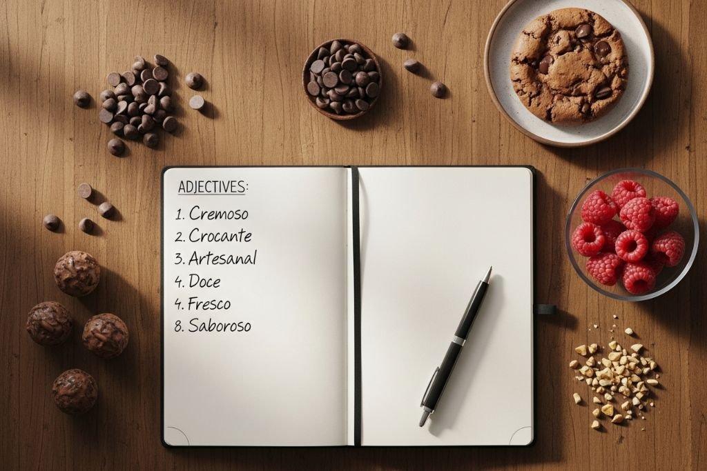 Mini-workshop de como criar frases para doces, com um caderno de anotações e um banco de palavras para confeitaria.