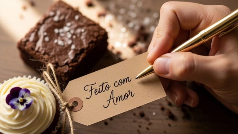 Guia completo de frases para vender doces, com uma confeiteira escrevendo uma mensagem de carinho em uma embalagem.