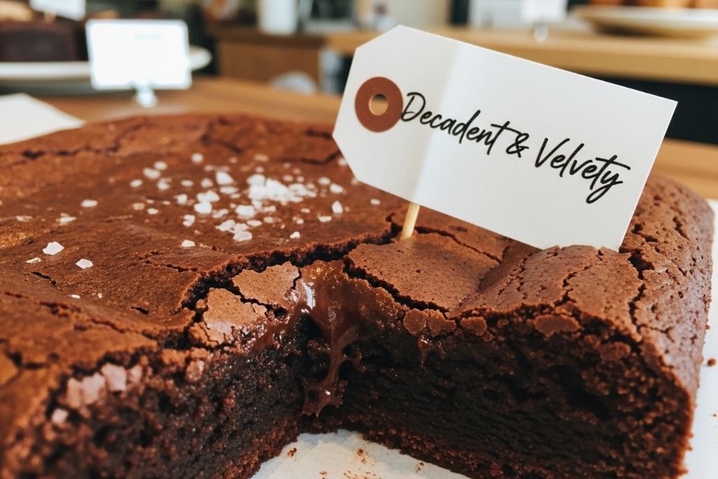 Close-up da massa úmida de um brownie de chocolate, ilustrando como usar palavras sensoriais para descrever e vender doces