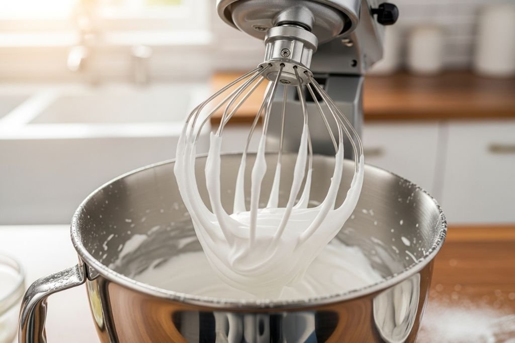 O passo a passo da receita de torta de limão profissional, batendo o merengue para a cobertura.