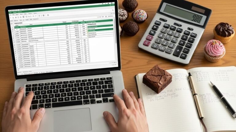 Guia sobre a planilha para calcular o preço de venda de doces, com uma confeiteira usando a ferramenta em um notebook.