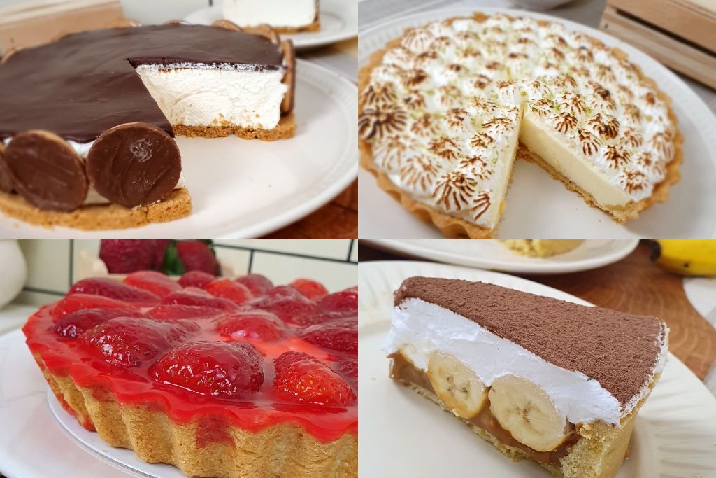 Cardápio com as 4 tortas doces mais vendidas para começar um negócio, incluindo torta de limão e torta de morango