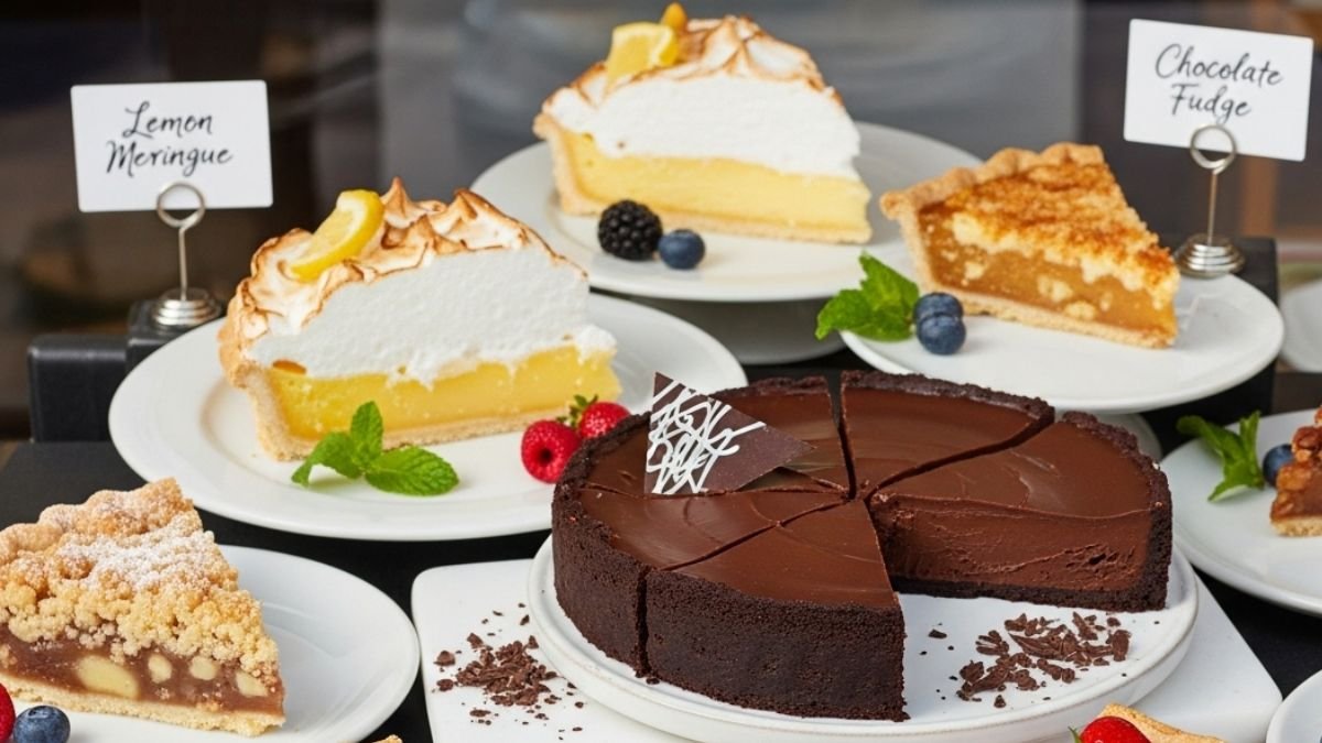 Guia com os melhores sabores de torta doce, mostrando uma vitrine com fatias de torta de limão, chocolate e morango.