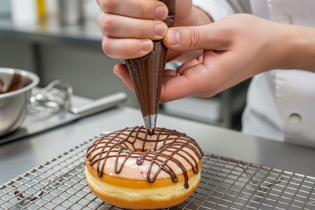 O segredo para um drizzle fino e elegante, uma das técnicas essenciais para um acabamento profissional em donuts.
