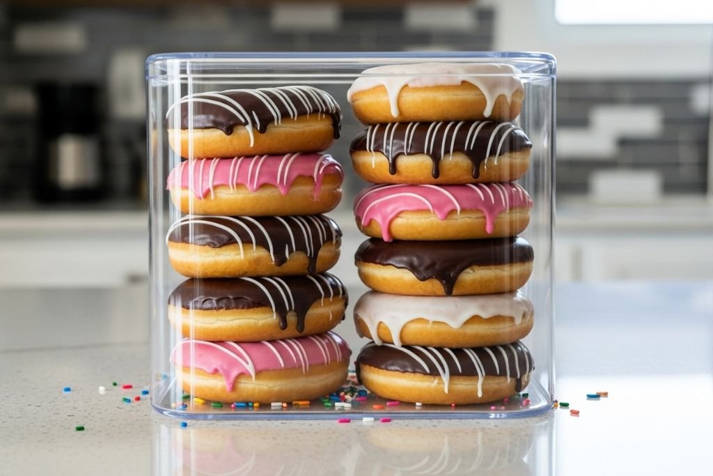 A forma correta de armazenar donuts para o dia seguinte: em um pote hermético para manter o frescor sem usar a geladeira.