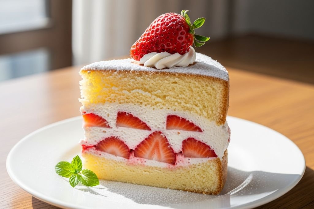 Bolo de massa branca com recheio de morango e chantilly, uma opção leve para agradar os adultos na festa infantil.
