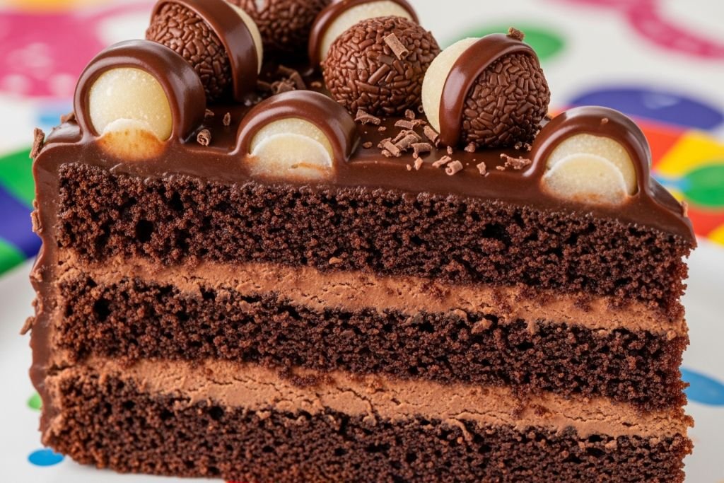 Fatia de bolo de chocolate com recheio de brigadeiro cremoso, o sabor de bolo de aniversário mais pedido em festas infantis.
