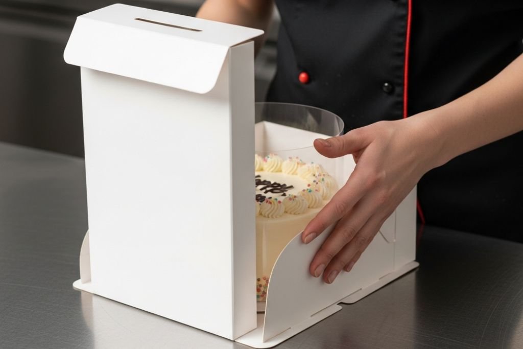 Confeiteira embalando um dos seus sabores de bolo de aniversário em uma caixa segura para delivery, demonstrando a forma correta de vender bolos online.