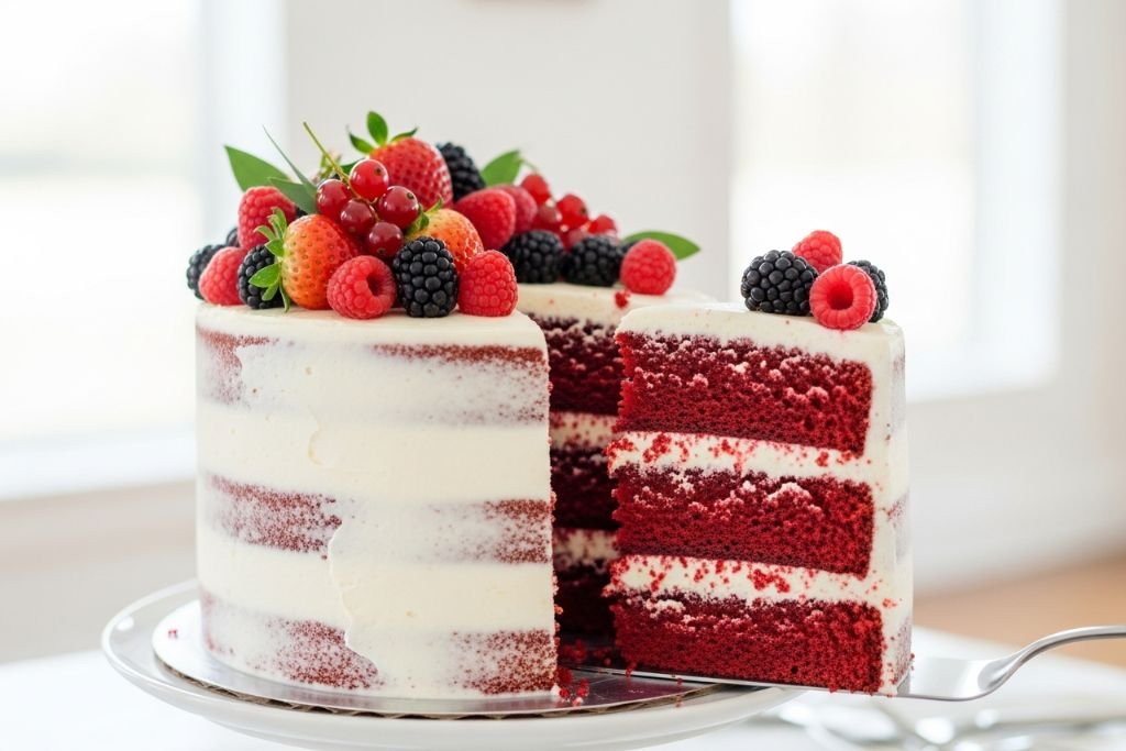 Bolo de casamento estilo naked cake cortado, revelando o sabor Red Velvet com recheio de cream cheese, uma tendência moderna.