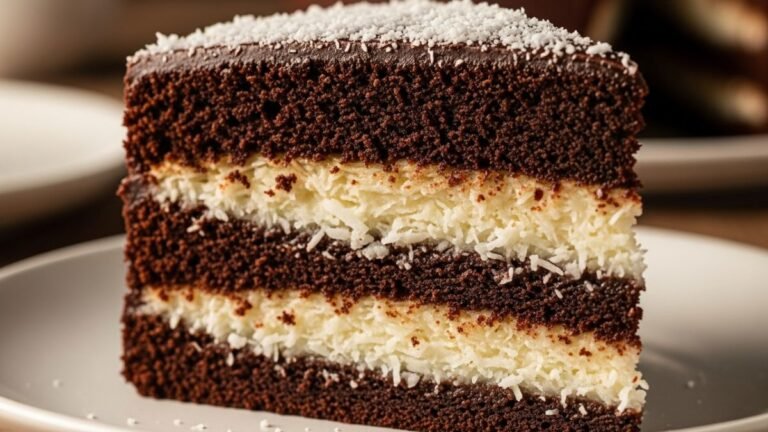 Fatia de bolo de chocolate úmido com recheio de coco branco, mostrando o contraste ideal de recheios que combinam com massa de chocolate.