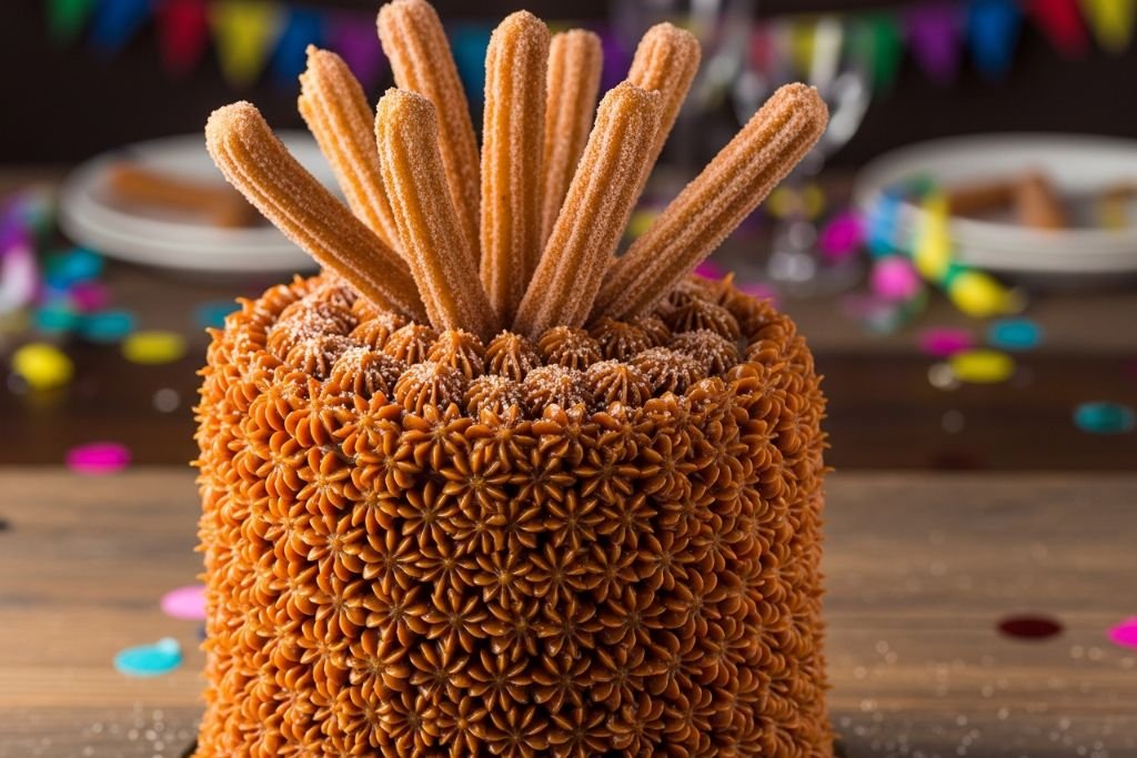 Bolo de Churros decorado com bico de confeitar e doce de leite, polvilhado com canela.