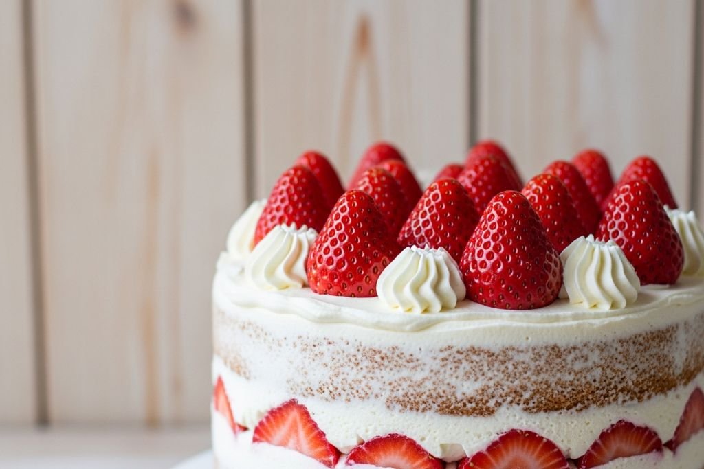 Bolo de morango com chantilly em estilo naked cake, um dos sabores de bolo de aniversário clássicos mais pedidos em confeitarias.