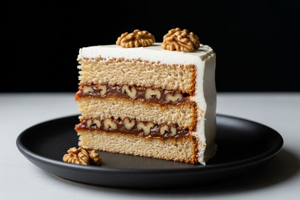 Fatia de bolo de nozes com doce de leite em um prato, um exemplo de sabor de bolo de aniversário sofisticado para um cardápio refinado.