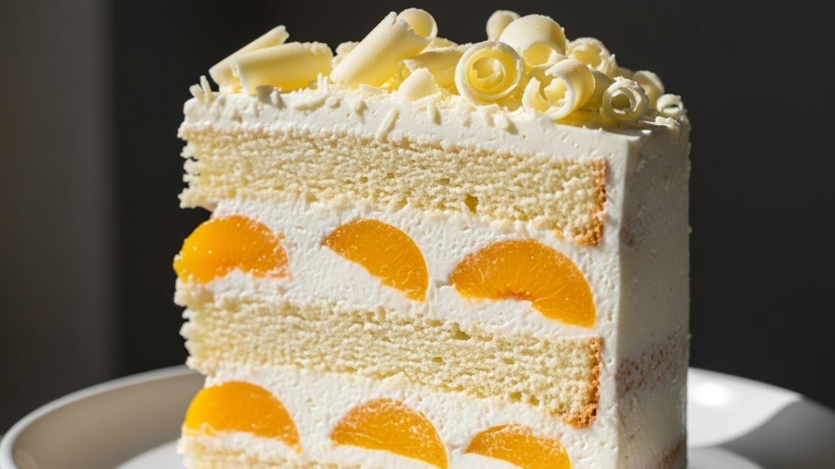 Fatia de bolo de massa branca úmida com recheio de pêssego em calda e creme branco, um clássico da confeitaria renovado.